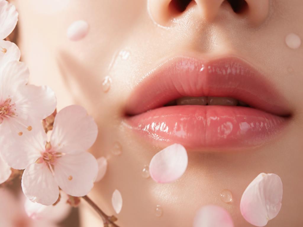 Lábios hidratados com brilho natural e pétalas de cerejeira