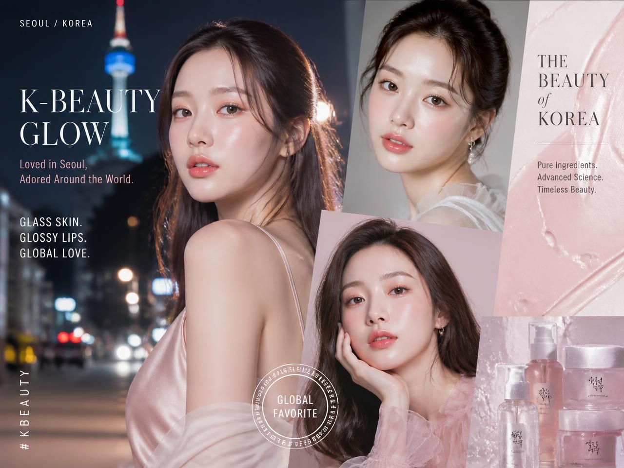 Colagem editorial de beleza coreana em Seul, celebrando a popularidade global do K-Beauty
